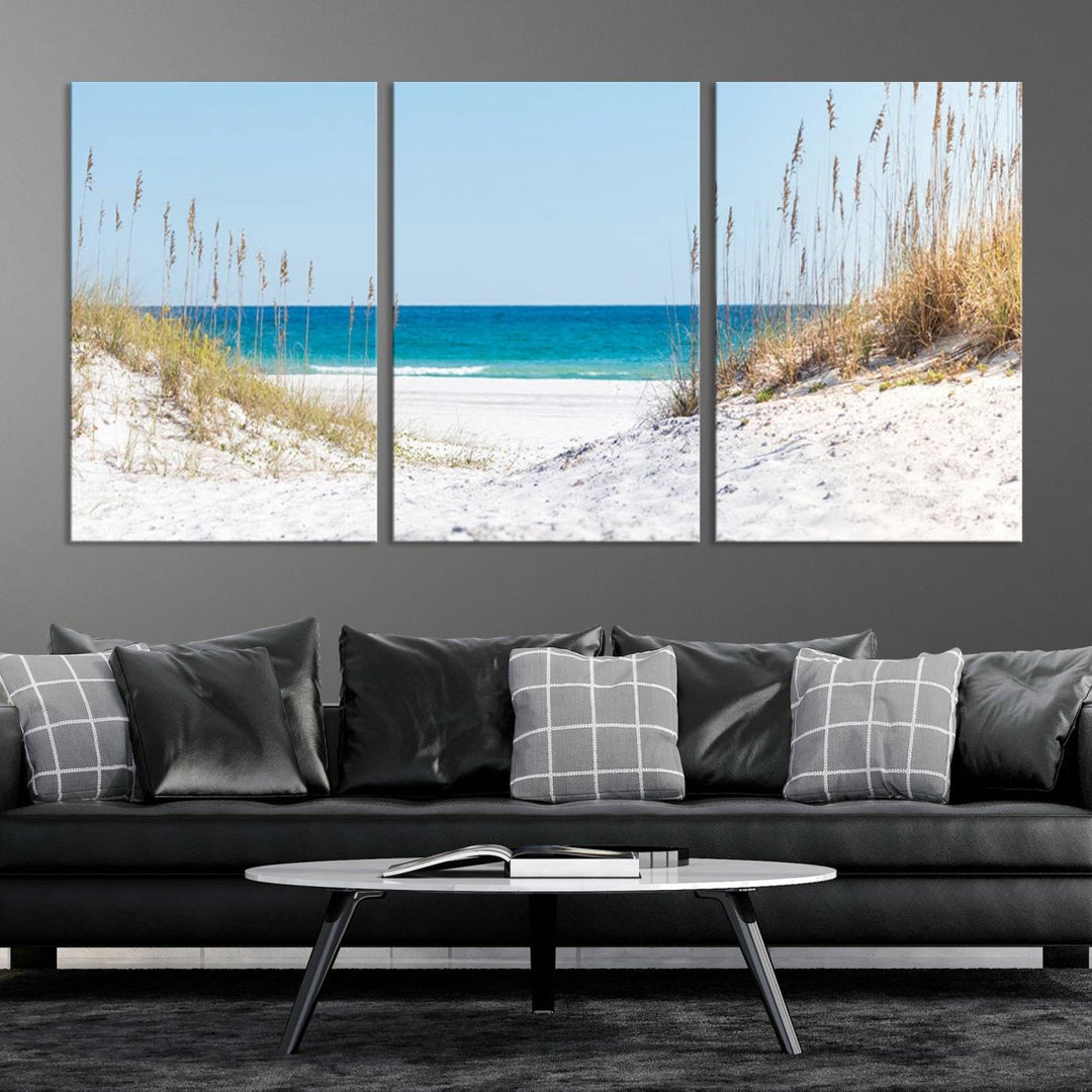58498-MGV-CV-36X24-Serene Coastal Dune Path with Ocean View, 3-Panel Beach Canvas Wall Art, Tranquil Seascape Giclee Print, Gallery Wrap, Perfect for Coastal