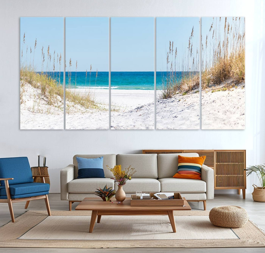 58498-MGV-CV-36X24-Serene Coastal Dune Path with Ocean View, 3-Panel Beach Canvas Wall Art, Tranquil Seascape Giclee Print, Gallery Wrap, Perfect for Coastal