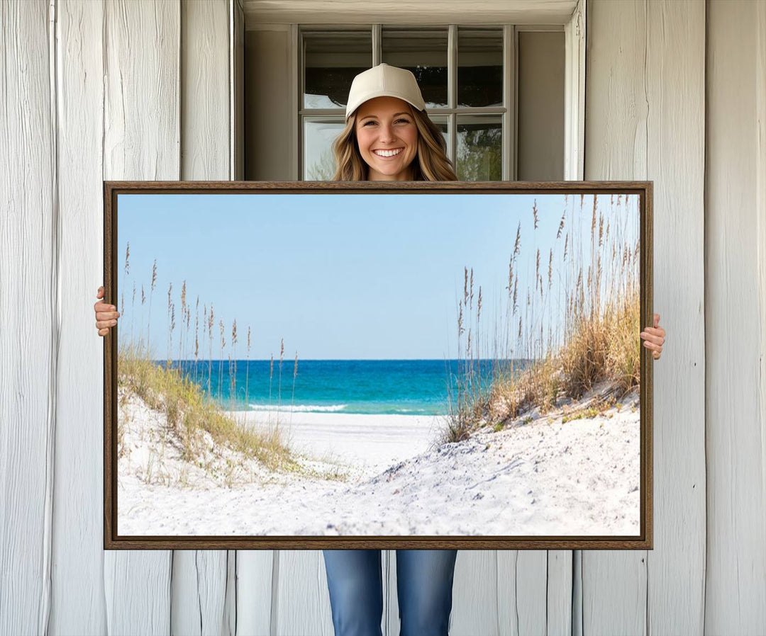58498-MGV-CV-36X24-Serene Coastal Dune Path with Ocean View, 3-Panel Beach Canvas Wall Art, Tranquil Seascape Giclee Print, Gallery Wrap, Perfect for Coastal