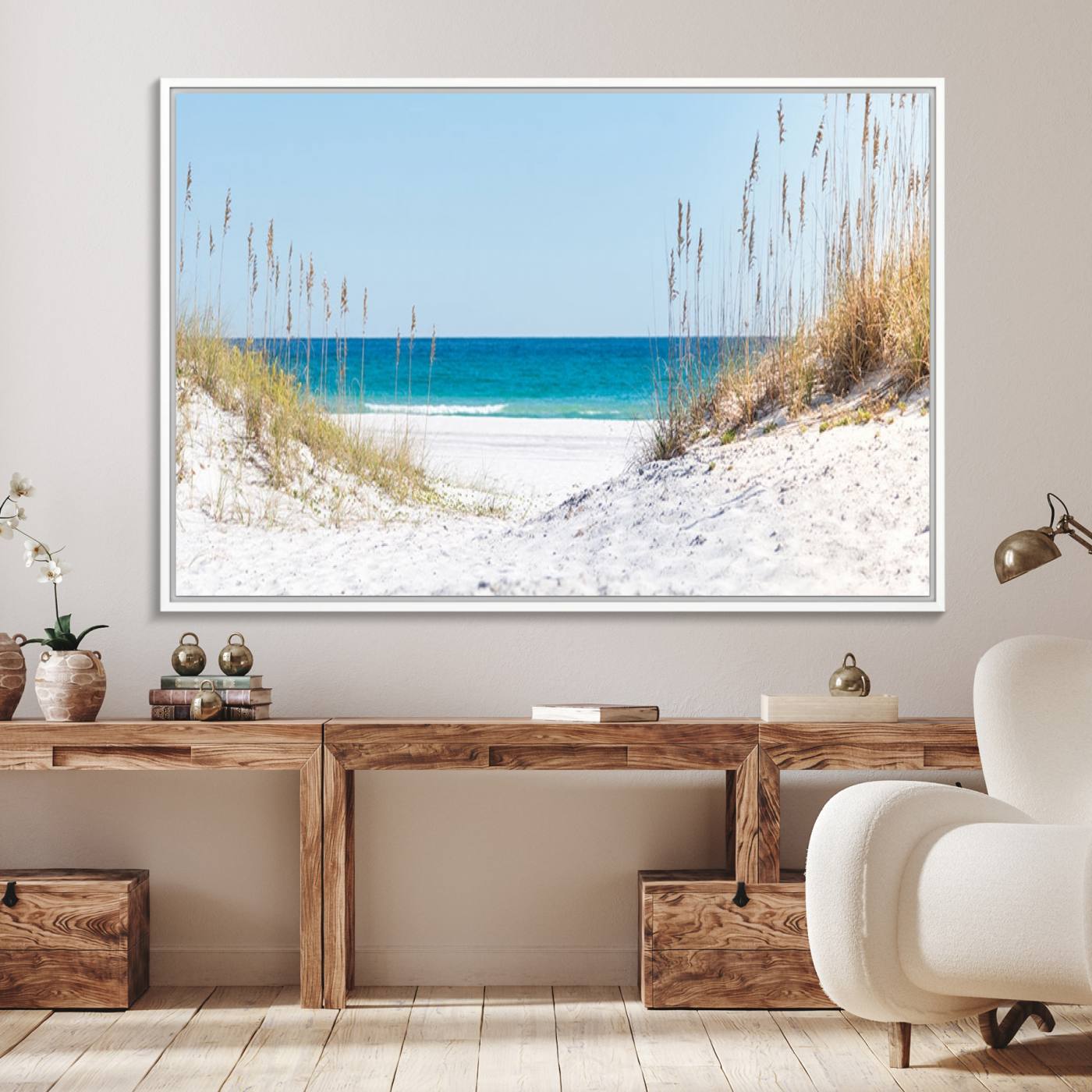 58498-MGV-FC-36X24_White-Serene Coastal Dune Path with Ocean View, 3-Panel Beach Canvas Wall Art, Tranquil Seascape Giclee Print, Gallery Wrap, Perfect for Coastal