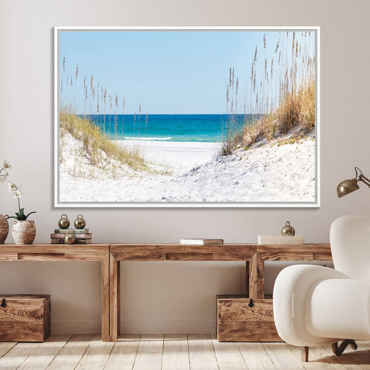58498-MGV-FC-36X24_White-Serene Coastal Dune Path with Ocean View, 3-Panel Beach Canvas Wall Art, Tranquil Seascape Giclee Print, Gallery Wrap, Perfect for Coastal