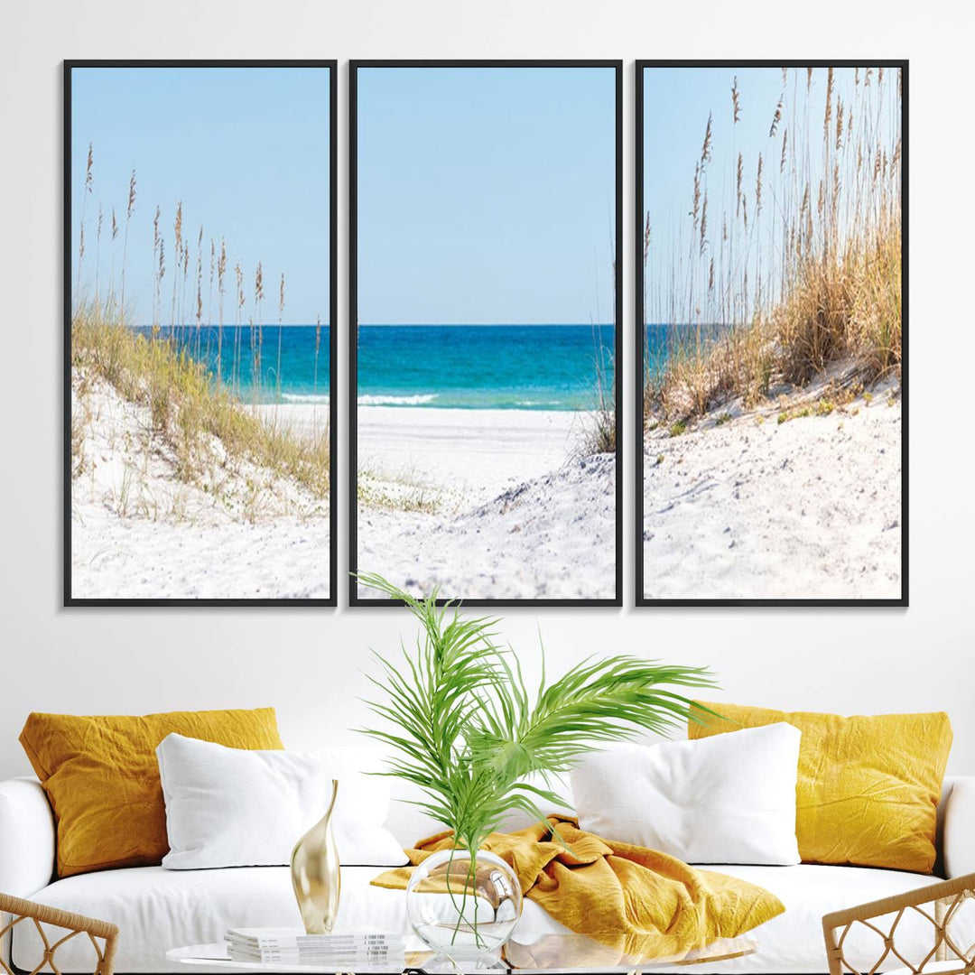 58498-MGV-FC-48X32-3P_Black-Serene Coastal Dune Path with Ocean View, 3-Panel Beach Canvas Wall Art, Tranquil Seascape Giclee Print, Gallery Wrap, Perfect for Coastal
