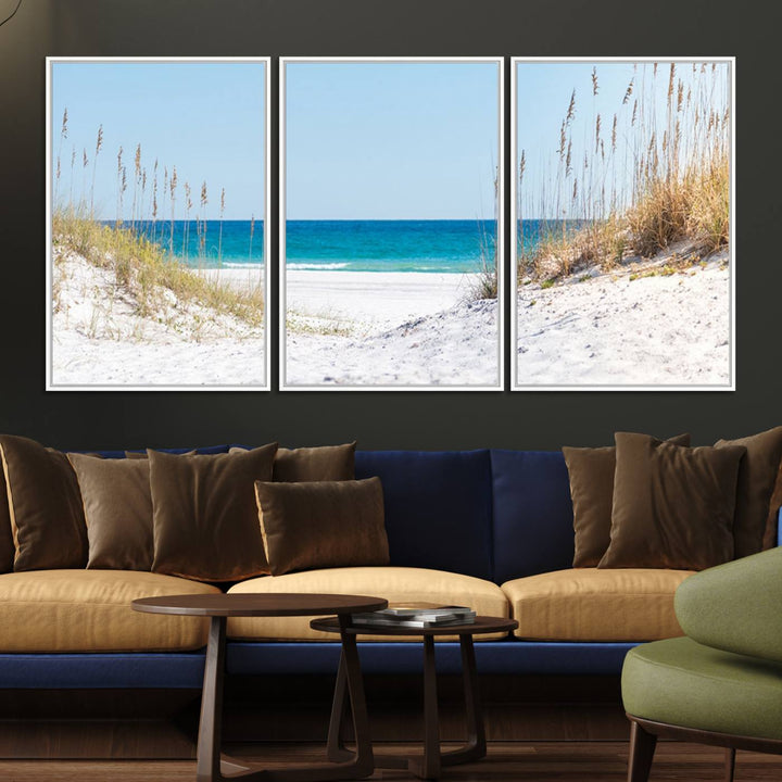 58498-MGV-FC-60X30-3P_White-Serene Coastal Dune Path with Ocean View, 3-Panel Beach Canvas Wall Art, Tranquil Seascape Giclee Print, Gallery Wrap, Perfect for Coastal