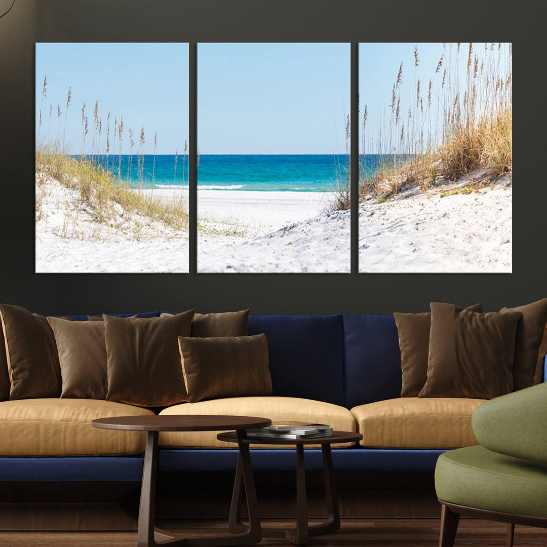 Serene Coastal Dune Path with Ocean View, 3-Panel Beach Canvas Wall Art, Tranquil Seascape Giclee Print, Gallery Wrap, Perfect for Coastal