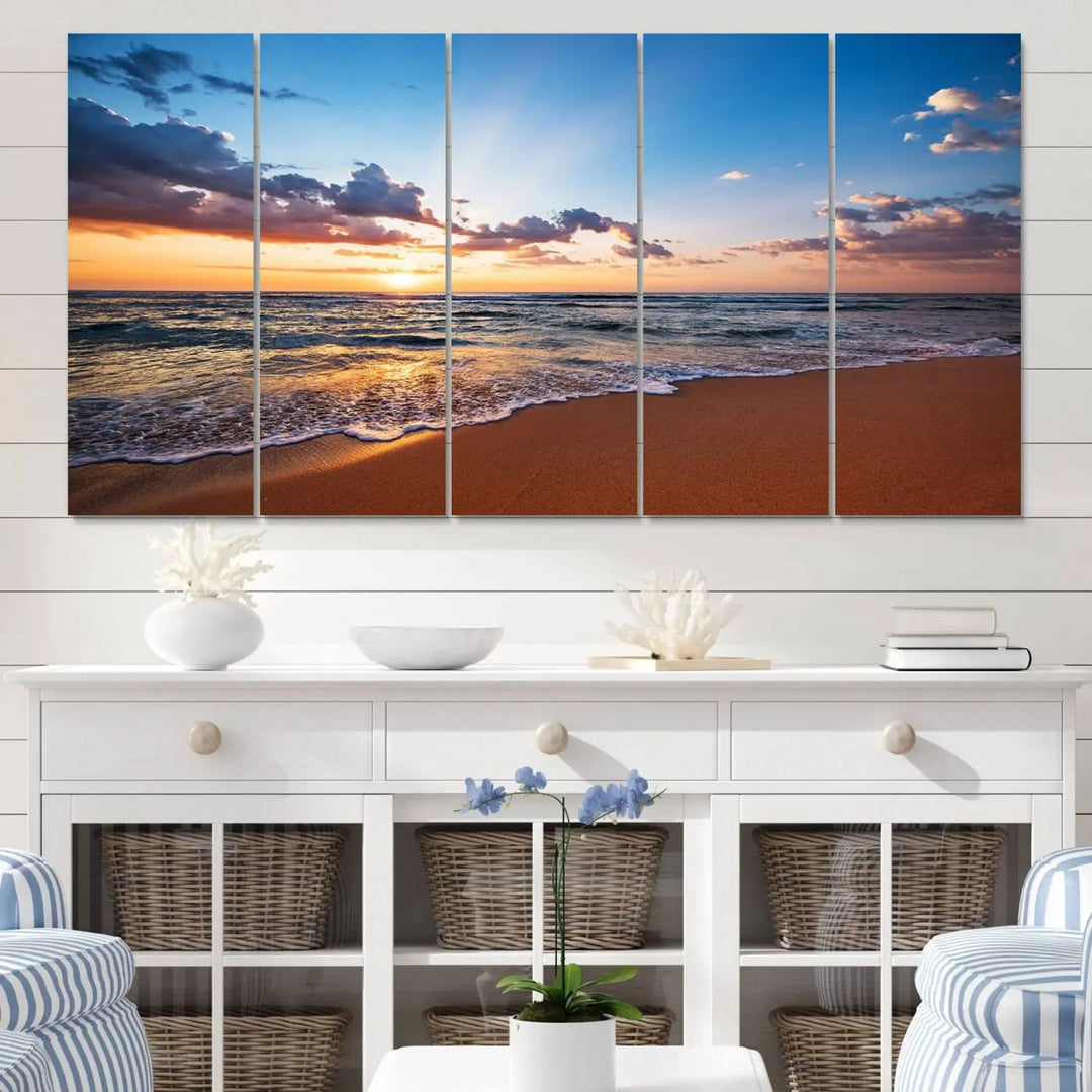 The "Serene Ocean Sunset Canvas Print, Golden Hour Beach Wall Art" offers a captivating view from a sandy beach, where sunlight reflects on the water amidst clouds in a blue sky. This piece, created with Giclee canvas and gallery wrap featuring Canon print quality, brings tranquility and an ideal enhancement to coastal interiors.