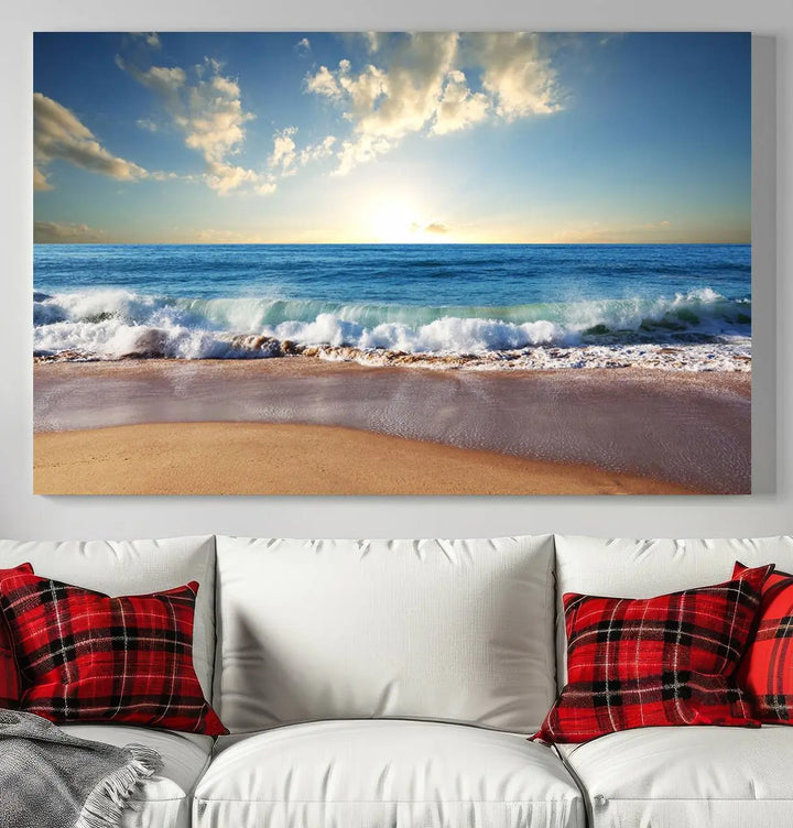 The living room features the Serene Ocean Sunset Canvas Wall Art - Beach Waves at Sunset, perfect for beach lovers and adding tranquility to the space.