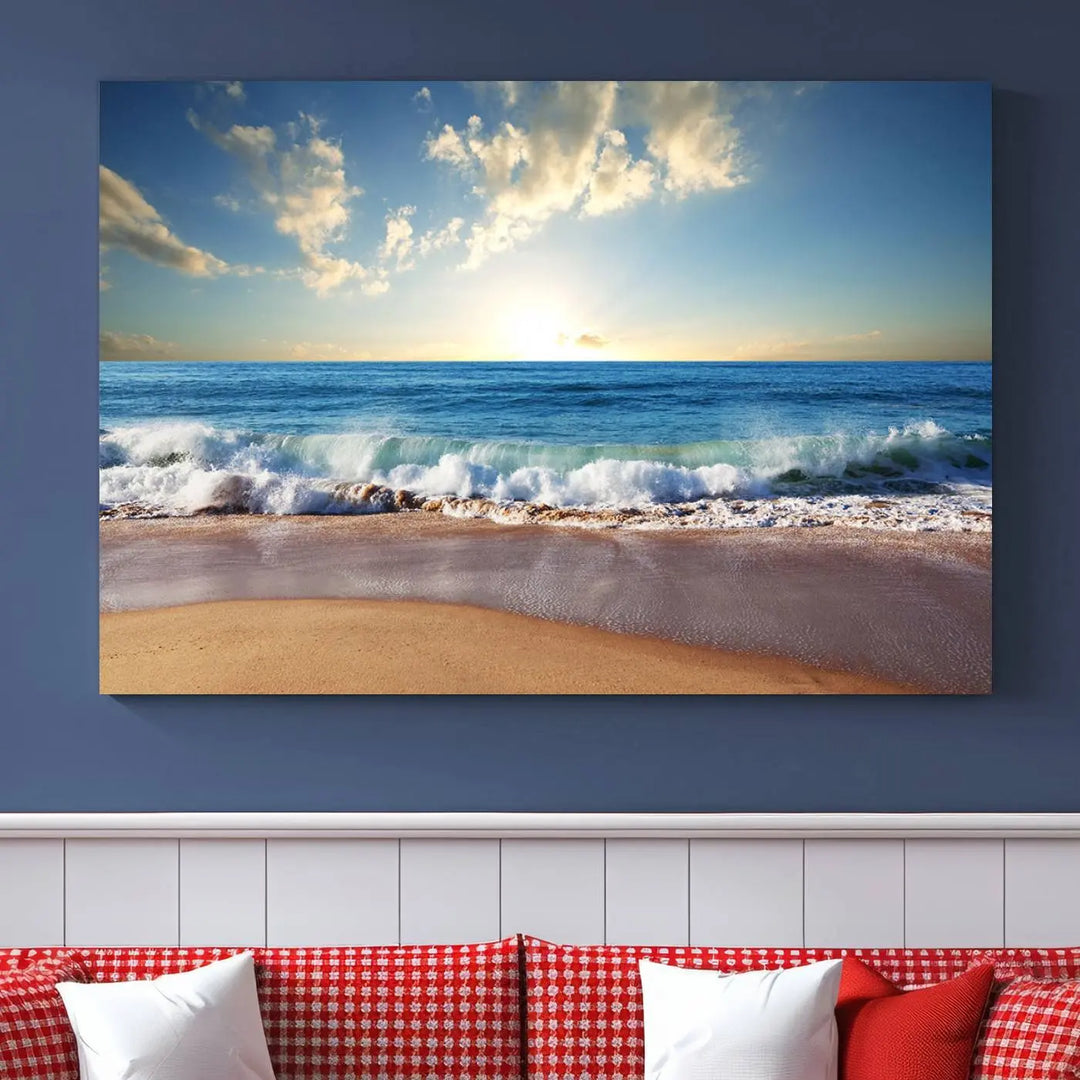 The living room features the Serene Ocean Sunset Canvas Wall Art - Beach Waves at Sunset, perfect for beach lovers and adding tranquility to the space.