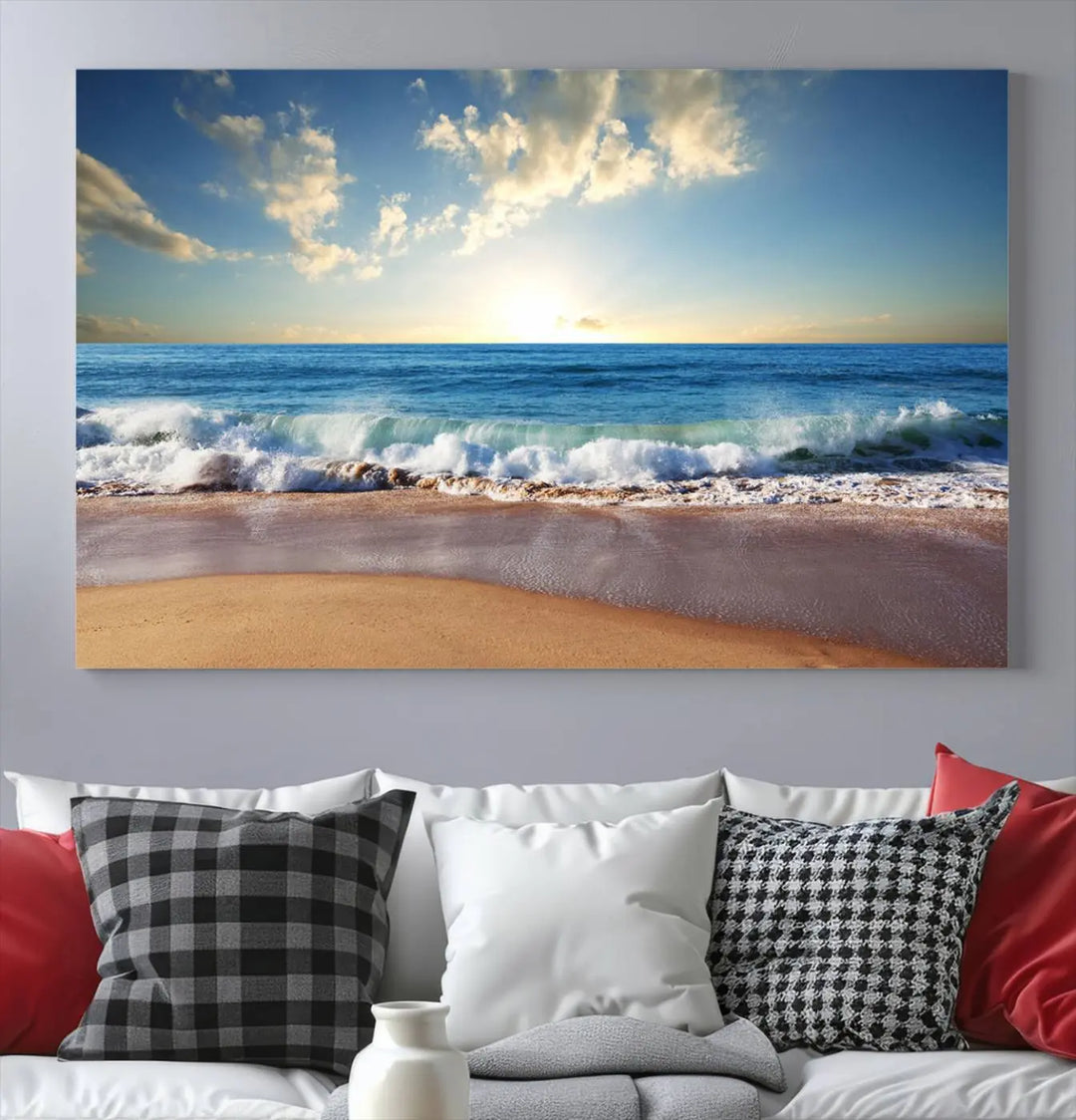 The living room features the Serene Ocean Sunset Canvas Wall Art - Beach Waves at Sunset, perfect for beach lovers and adding tranquility to the space.