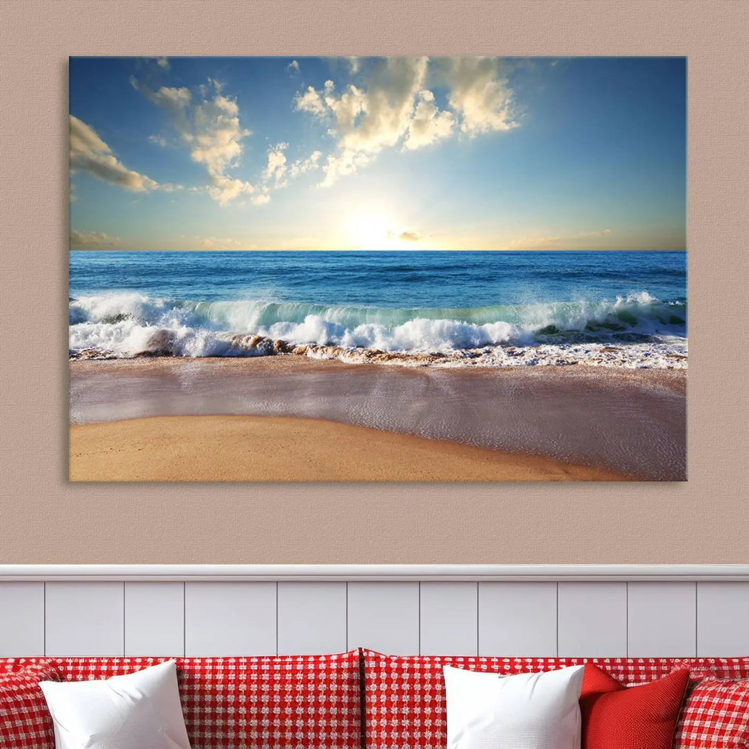 The living room features the Serene Ocean Sunset Canvas Wall Art - Beach Waves at Sunset, perfect for beach lovers and adding tranquility to the space.