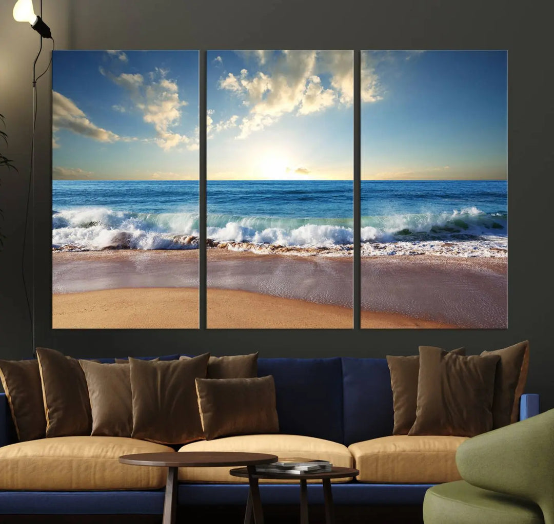 The living room features the Serene Ocean Sunset Canvas Wall Art - Beach Waves at Sunset, perfect for beach lovers and adding tranquility to the space.