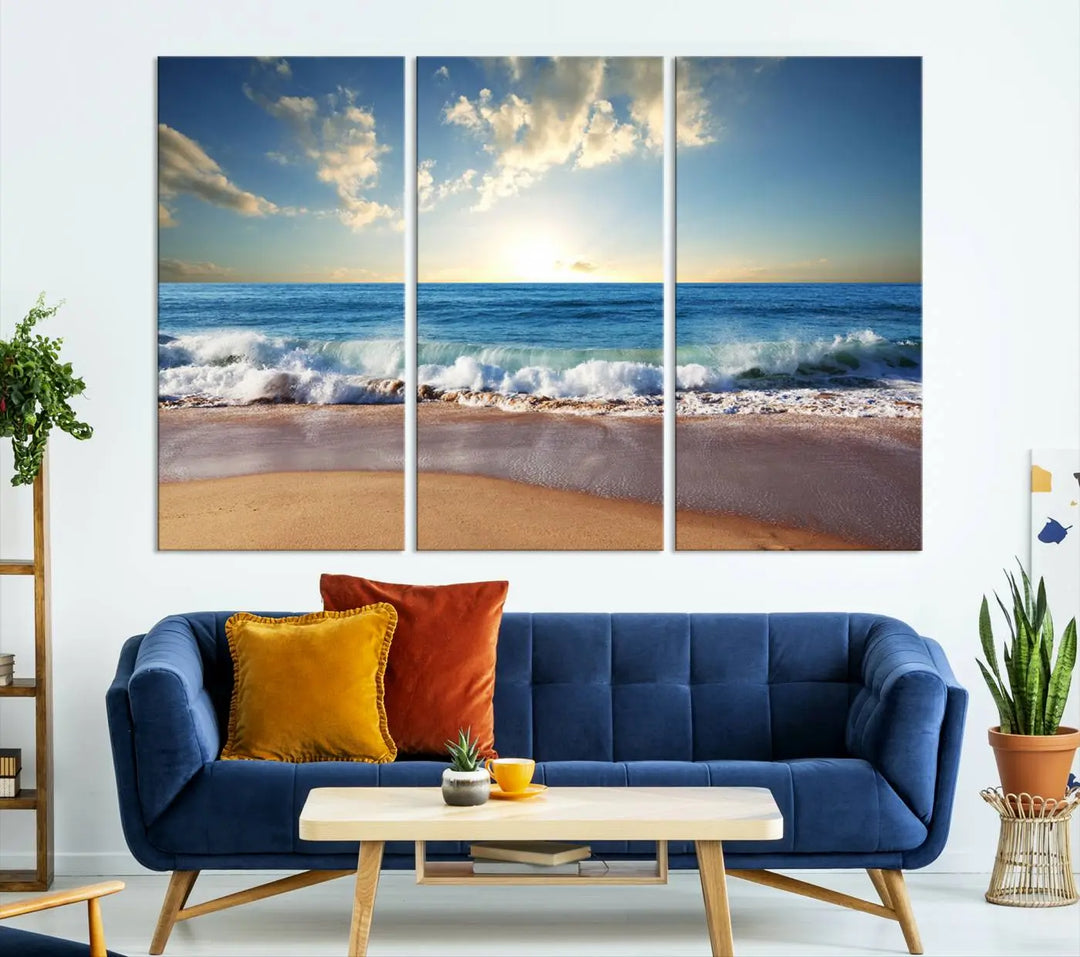 The living room features the Serene Ocean Sunset Canvas Wall Art - Beach Waves at Sunset, perfect for beach lovers and adding tranquility to the space.