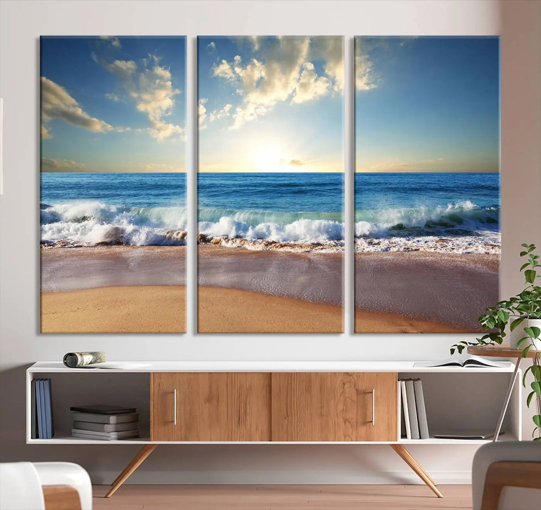 The living room features the Serene Ocean Sunset Canvas Wall Art - Beach Waves at Sunset, perfect for beach lovers and adding tranquility to the space.