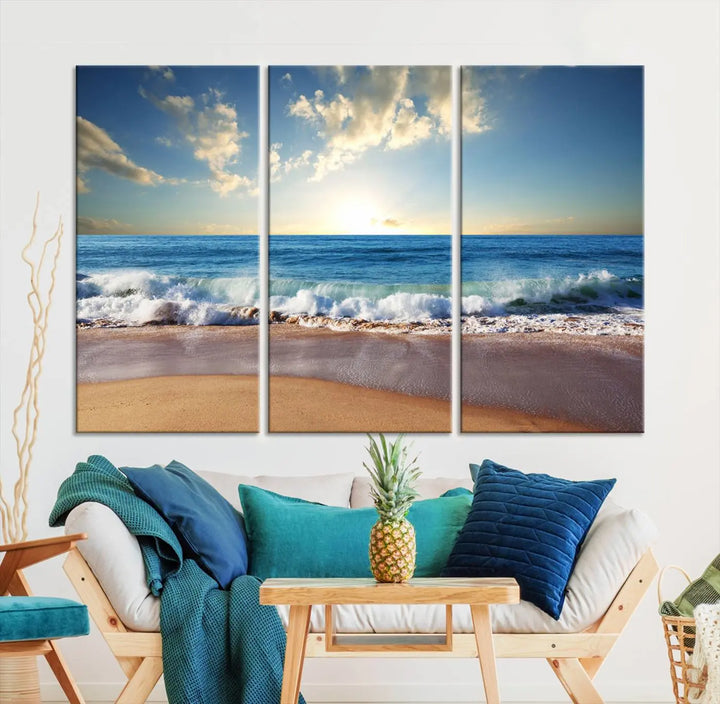 The living room features the Serene Ocean Sunset Canvas Wall Art - Beach Waves at Sunset, perfect for beach lovers and adding tranquility to the space.