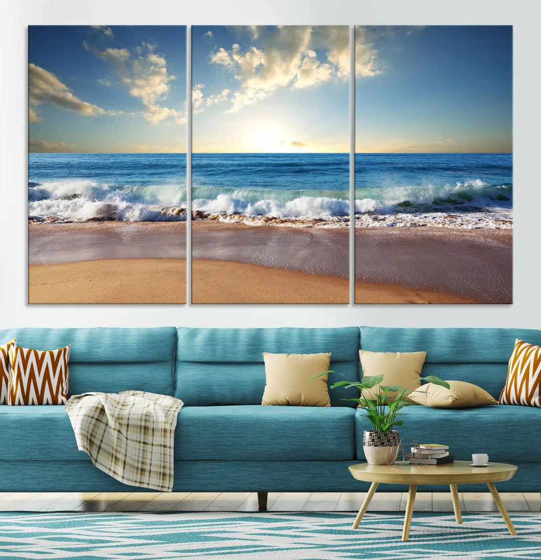 The living room features the Serene Ocean Sunset Canvas Wall Art - Beach Waves at Sunset, perfect for beach lovers and adding tranquility to the space.