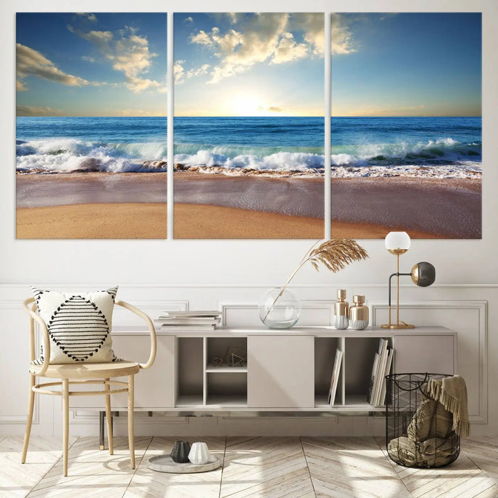 The living room features the Serene Ocean Sunset Canvas Wall Art - Beach Waves at Sunset, perfect for beach lovers and adding tranquility to the space.