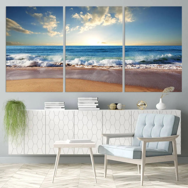 The living room features the Serene Ocean Sunset Canvas Wall Art - Beach Waves at Sunset, perfect for beach lovers and adding tranquility to the space.