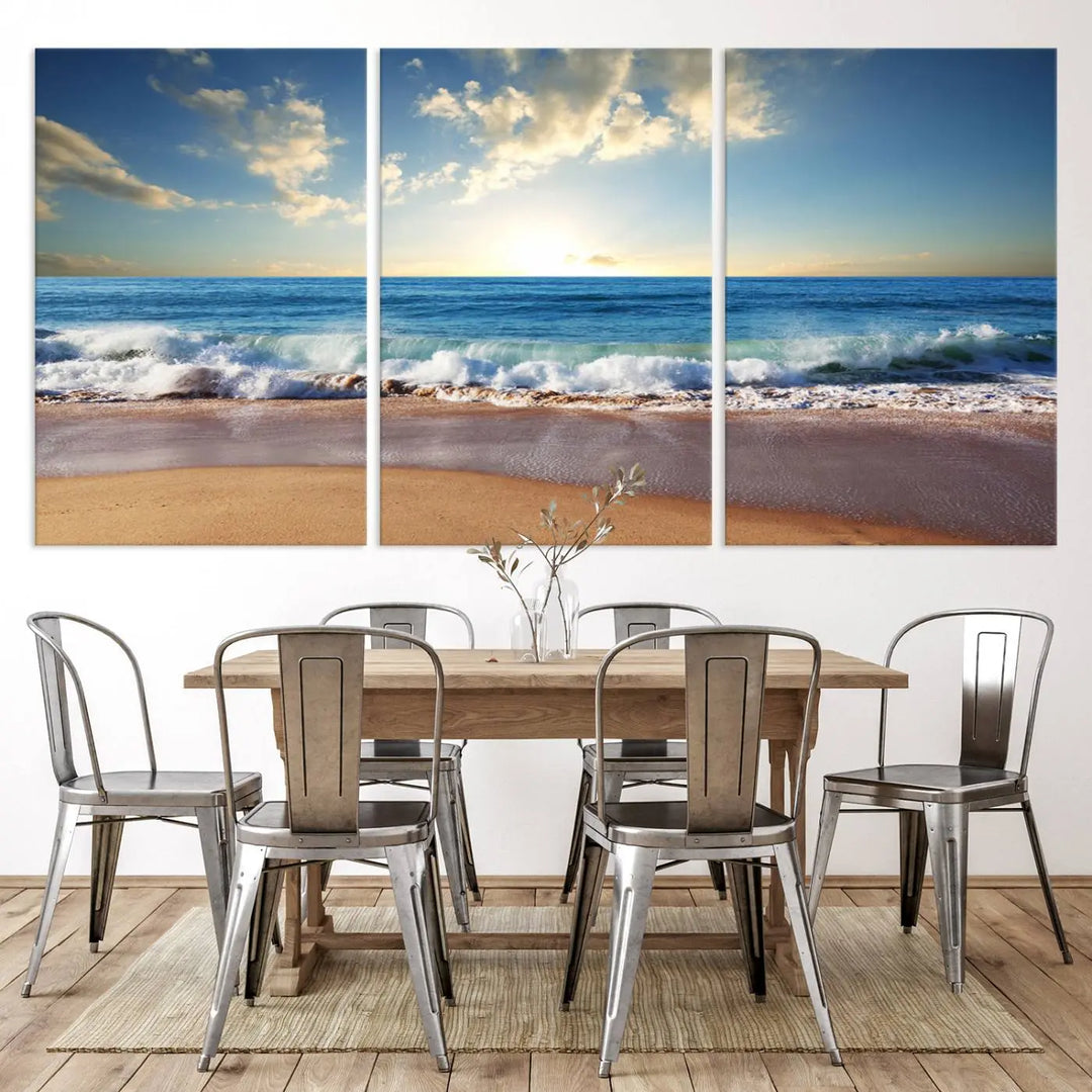 The living room features the Serene Ocean Sunset Canvas Wall Art - Beach Waves at Sunset, perfect for beach lovers and adding tranquility to the space.