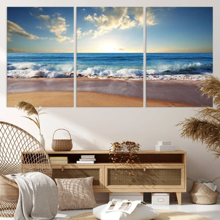 The living room features the Serene Ocean Sunset Canvas Wall Art - Beach Waves at Sunset, perfect for beach lovers and adding tranquility to the space.