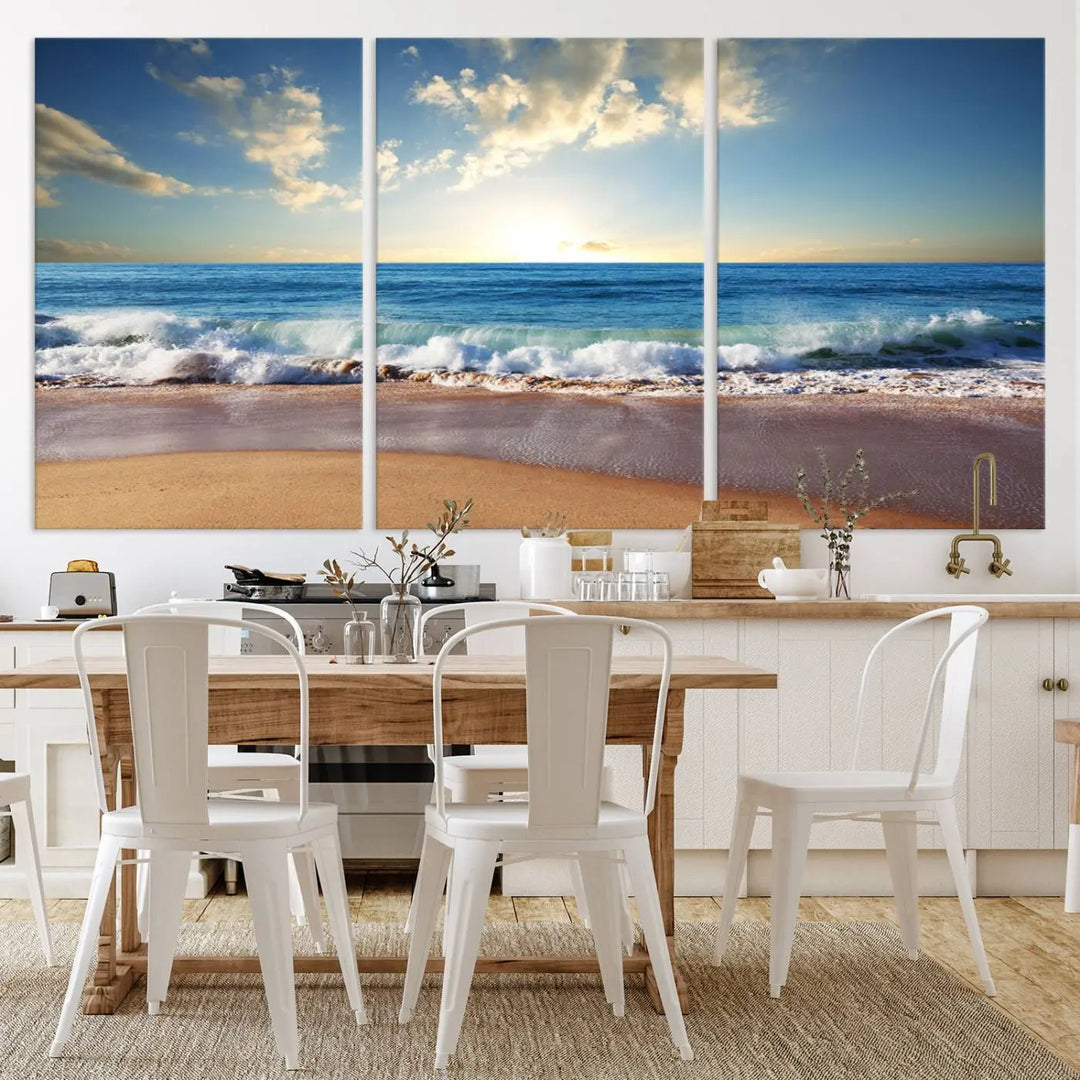 The living room features the Serene Ocean Sunset Canvas Wall Art - Beach Waves at Sunset, perfect for beach lovers and adding tranquility to the space.