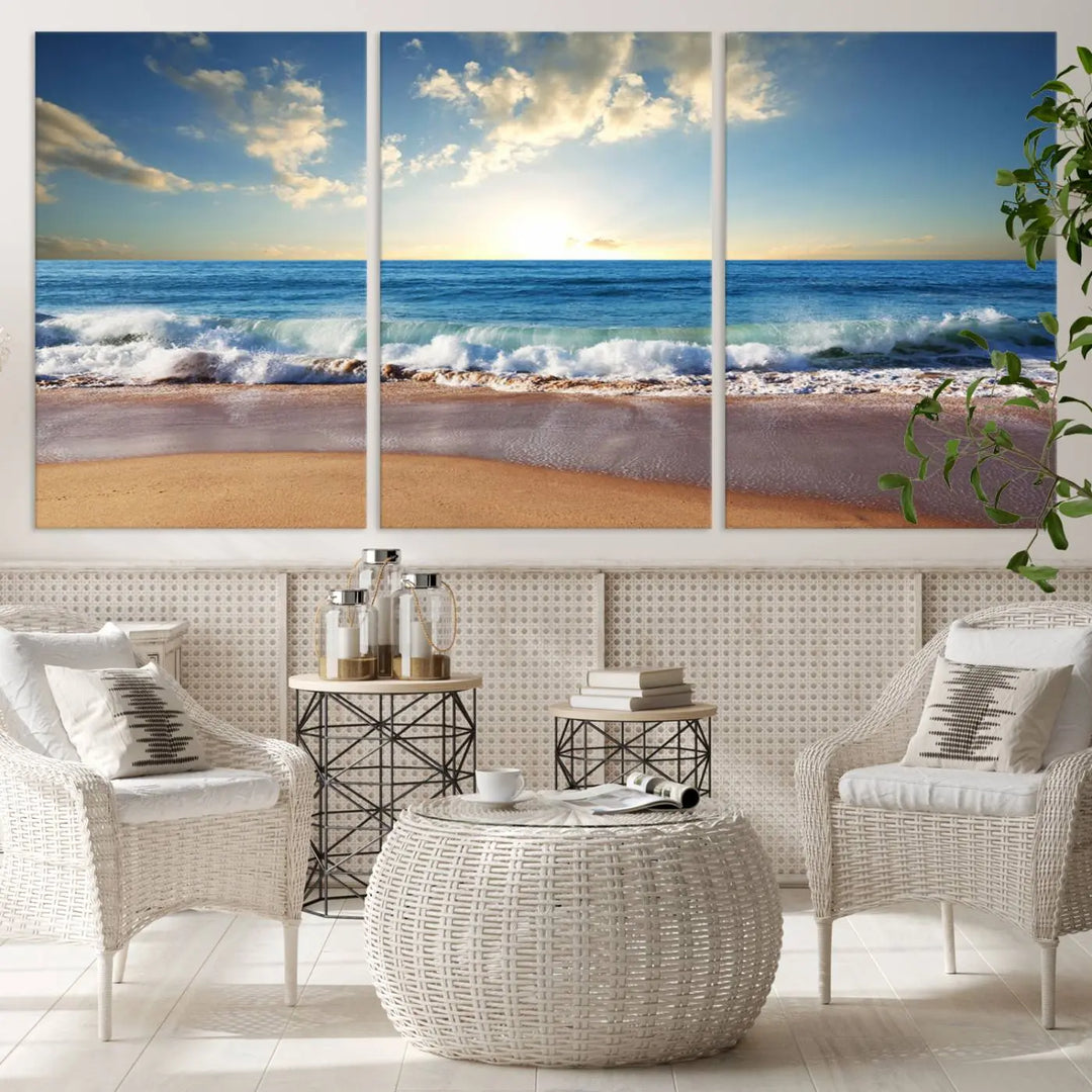 The living room features the Serene Ocean Sunset Canvas Wall Art - Beach Waves at Sunset, perfect for beach lovers and adding tranquility to the space.