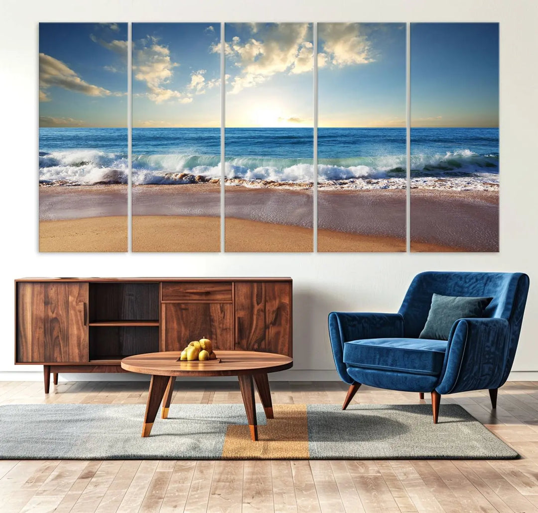 The living room features the Serene Ocean Sunset Canvas Wall Art - Beach Waves at Sunset, perfect for beach lovers and adding tranquility to the space.