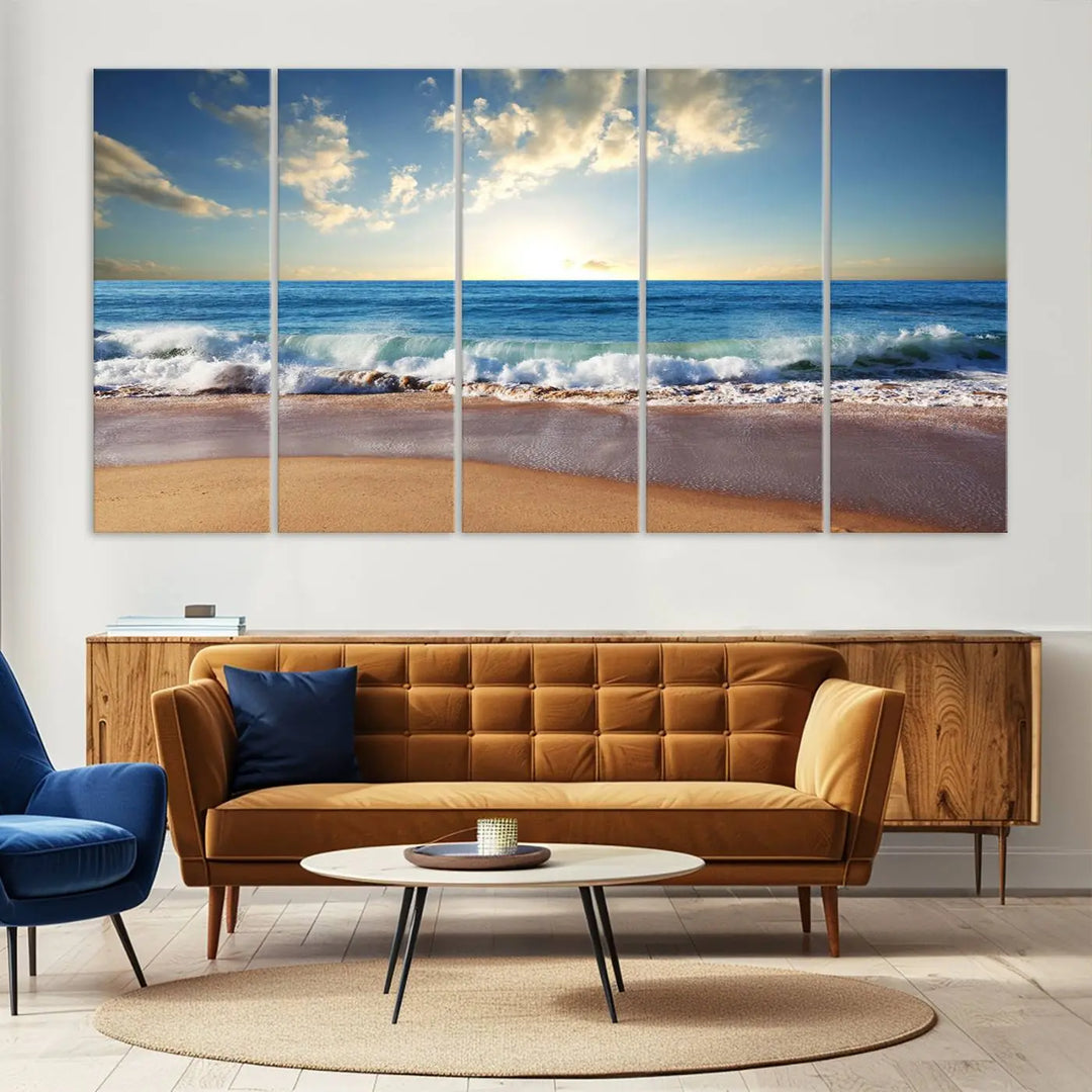 The living room features the Serene Ocean Sunset Canvas Wall Art - Beach Waves at Sunset, perfect for beach lovers and adding tranquility to the space.