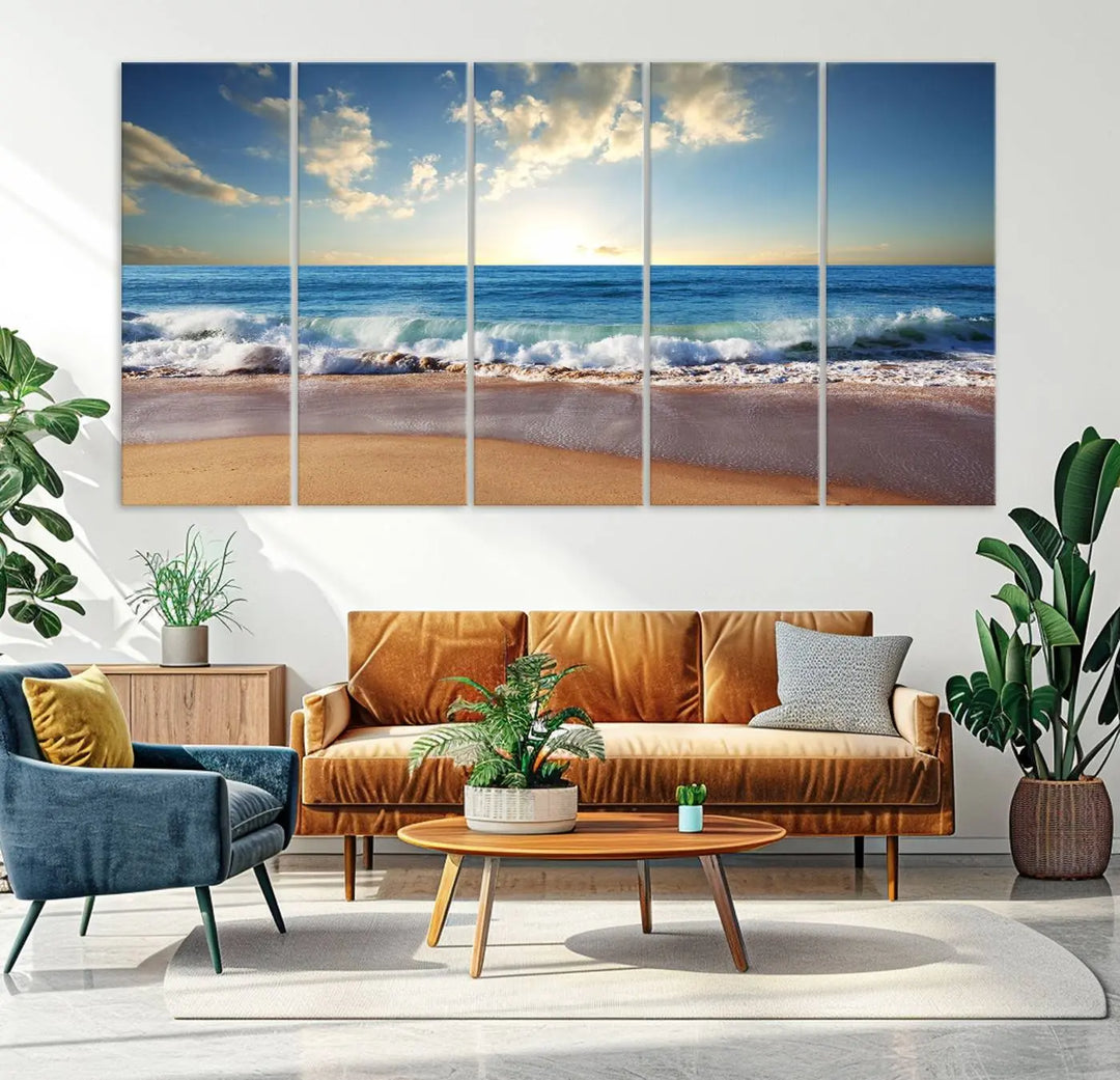 The living room features the Serene Ocean Sunset Canvas Wall Art - Beach Waves at Sunset, perfect for beach lovers and adding tranquility to the space.