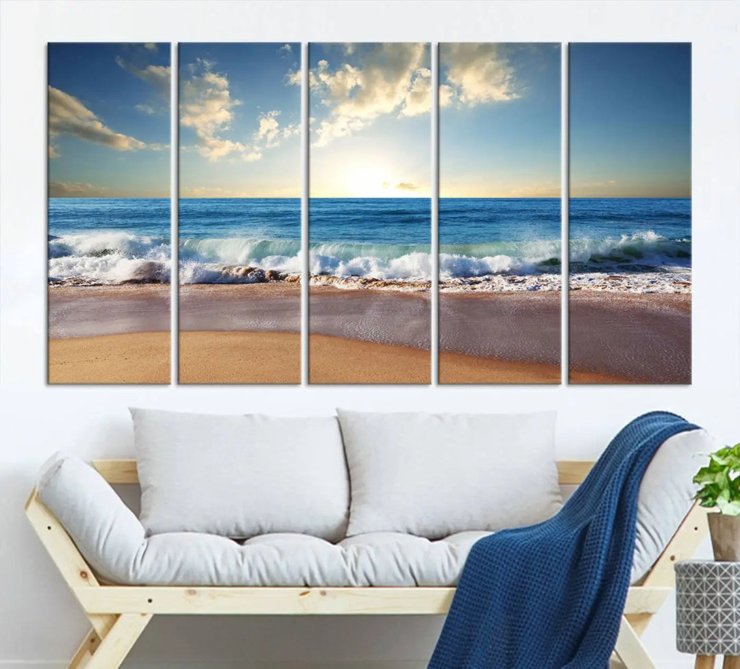 The living room features the Serene Ocean Sunset Canvas Wall Art - Beach Waves at Sunset, perfect for beach lovers and adding tranquility to the space.