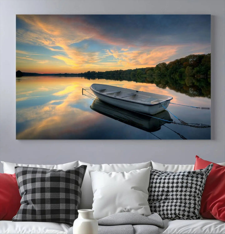 Serene rowboat on calm lake triptych canvas art with sunset reflections. Giclee print for tranquil home or office decor.