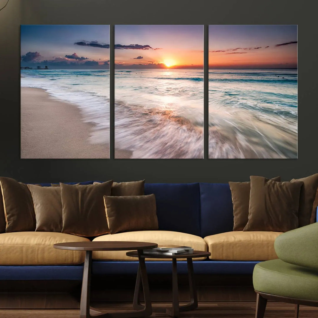 The Serene Sunset Beach Triptych Wall Art, featuring a soothing coastal landscape, adorns the wall, creating an ideal relaxation space.