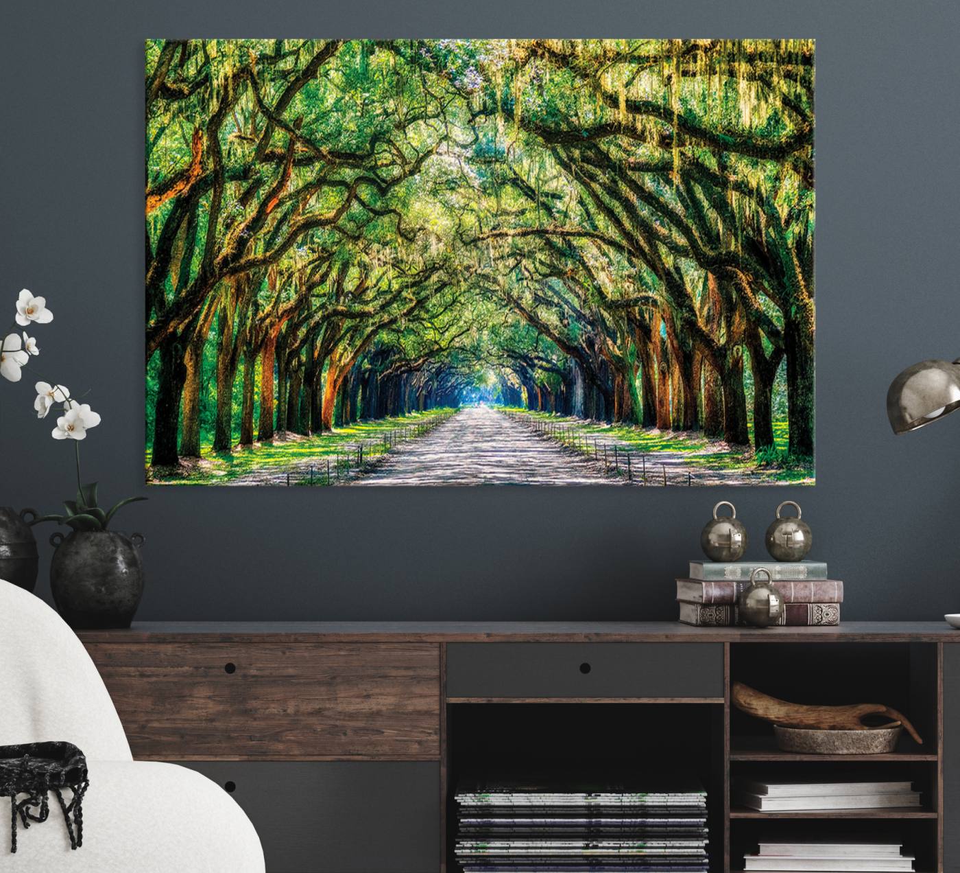 77105-MGV-CV-36X24-Serene Tree Tunnel Wall Art Canvas Print – Pathway Under Canopy of Lush Green Trees, Nature-Inspired Decor for Living Room – Ready to Hang