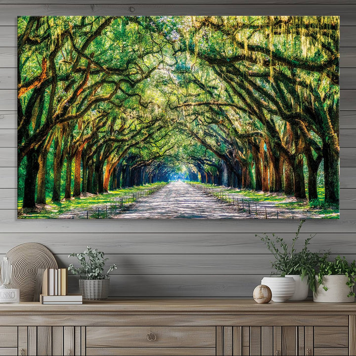 Serene Tree Tunnel Wall Art Canvas Print – Pathway Under Canopy of Lush Green Trees, Nature-Inspired Decor for Living Room – Ready to Hang