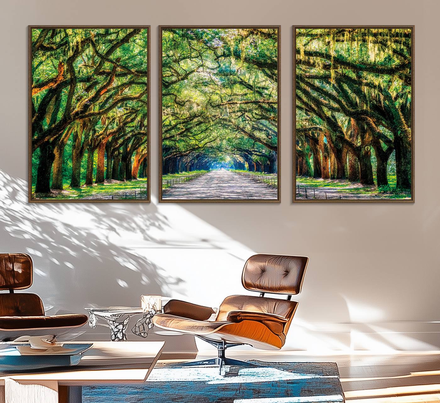 77105-MGV-FC-60X30-3P_Walnut-Serene Tree Tunnel Wall Art Canvas Print – Pathway Under Canopy of Lush Green Trees, Nature-Inspired Decor for Living Room – Ready to Hang