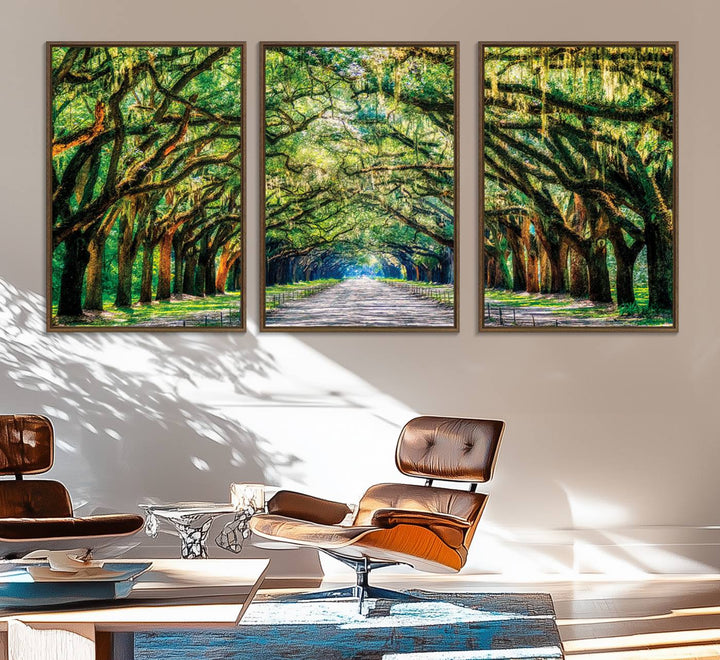 77105-MGV-FC-60X30-3P_Walnut-Serene Tree Tunnel Wall Art Canvas Print – Pathway Under Canopy of Lush Green Trees, Nature-Inspired Decor for Living Room – Ready to Hang