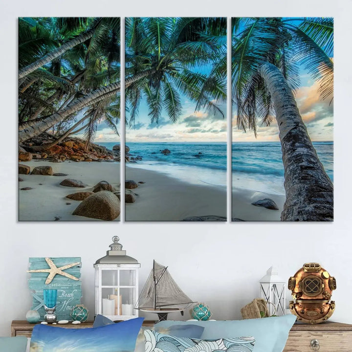 The Serene Tropical Beach Palm Trees Wall Art Canvas Print—a Coastal Paradise 3-Panel Artwork featuring ocean waves—enhances the space with its Giclee technology print.