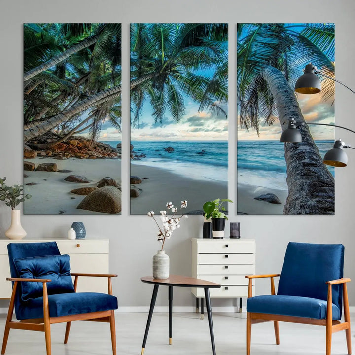 The Serene Tropical Beach Palm Trees Wall Art Canvas Print—a Coastal Paradise 3-Panel Artwork featuring ocean waves—enhances the space with its Giclee technology print.