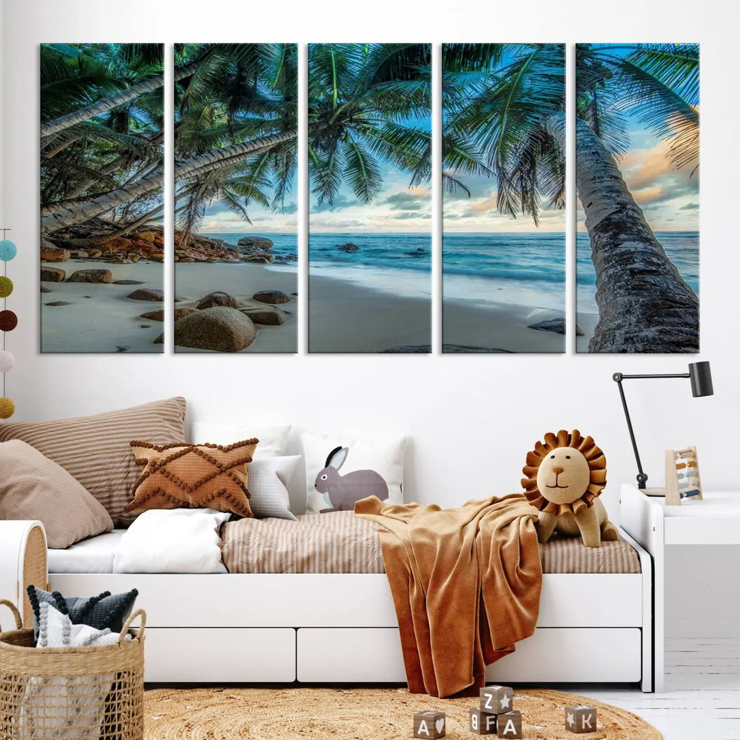 The Serene Tropical Beach Palm Trees Wall Art Canvas Print—a Coastal Paradise 3-Panel Artwork featuring ocean waves—enhances the space with its Giclee technology print.