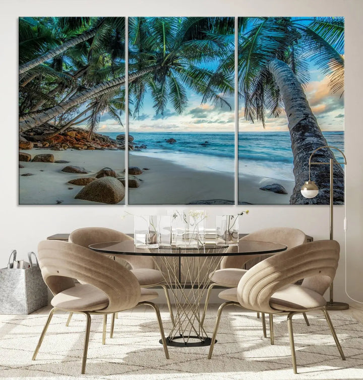 The Serene Tropical Beach Palm Trees Wall Art Canvas Print—a Coastal Paradise 3-Panel Artwork featuring ocean waves—enhances the space with its Giclee technology print.