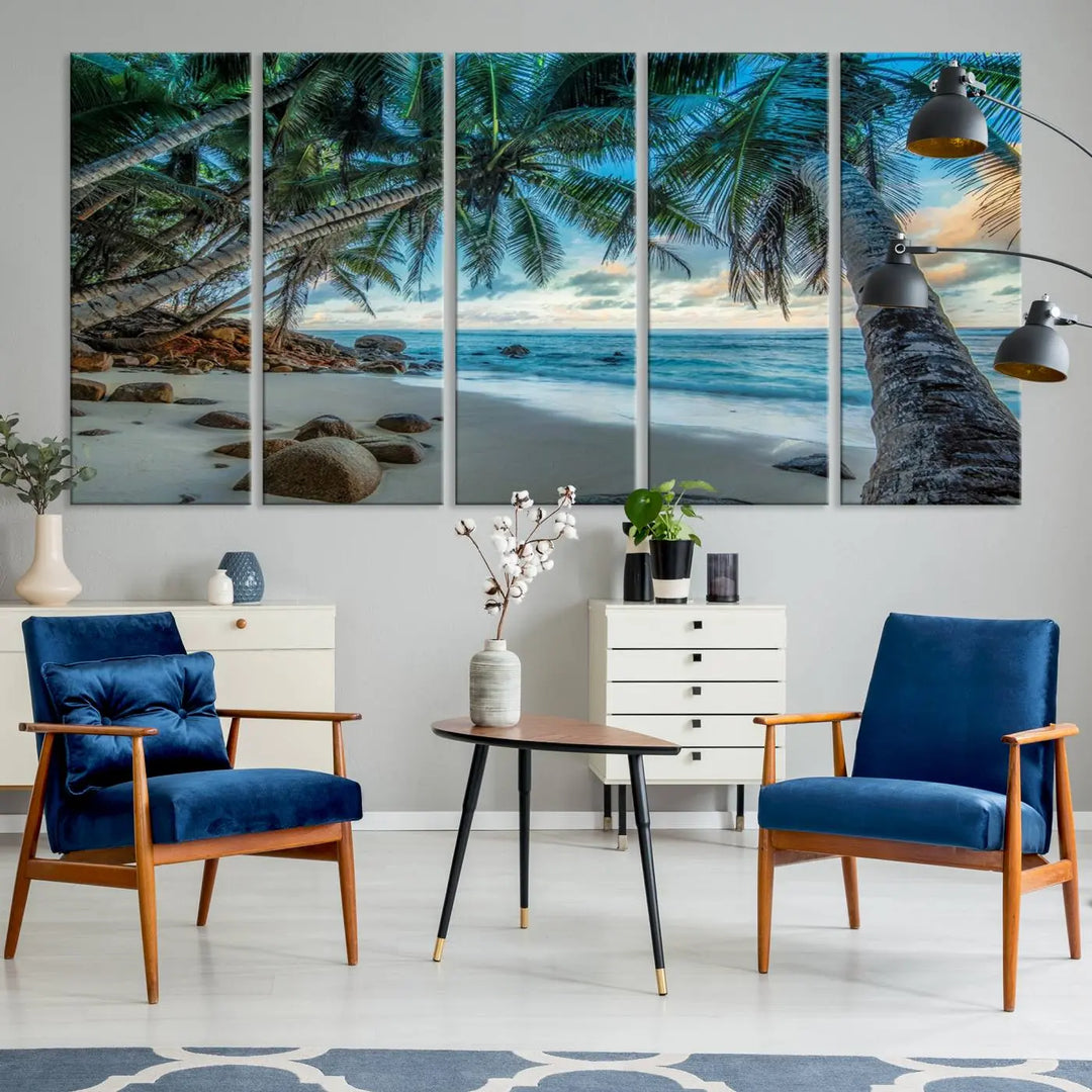 The Serene Tropical Beach Palm Trees Wall Art Canvas Print—a Coastal Paradise 3-Panel Artwork featuring ocean waves—enhances the space with its Giclee technology print.