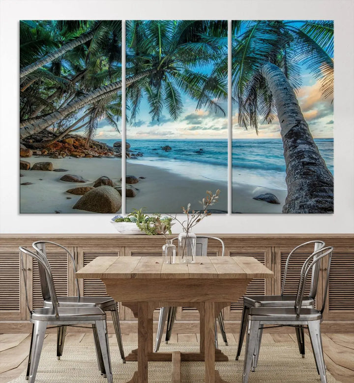 The Serene Tropical Beach Palm Trees Wall Art Canvas Print—a Coastal Paradise 3-Panel Artwork featuring ocean waves—enhances the space with its Giclee technology print.