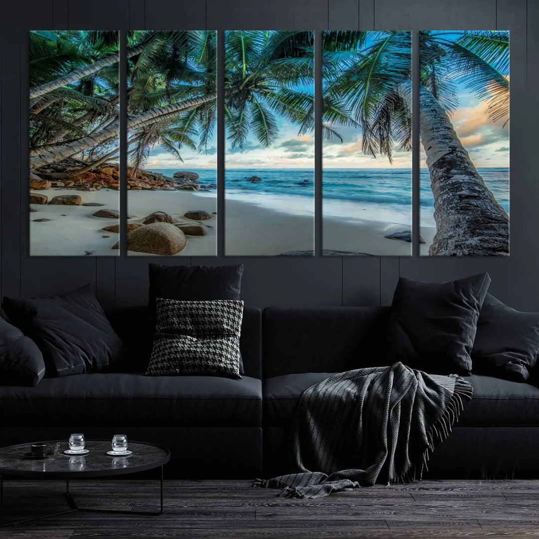 The Serene Tropical Beach Palm Trees Wall Art Canvas Print—a Coastal Paradise 3-Panel Artwork featuring ocean waves—enhances the space with its Giclee technology print.