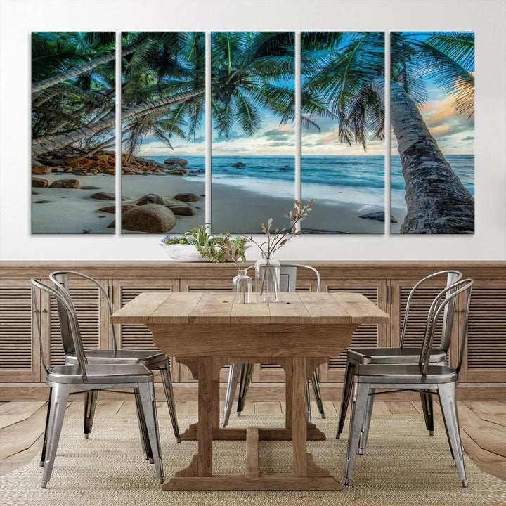 The Serene Tropical Beach Palm Trees Wall Art Canvas Print—a Coastal Paradise 3-Panel Artwork featuring ocean waves—enhances the space with its Giclee technology print.