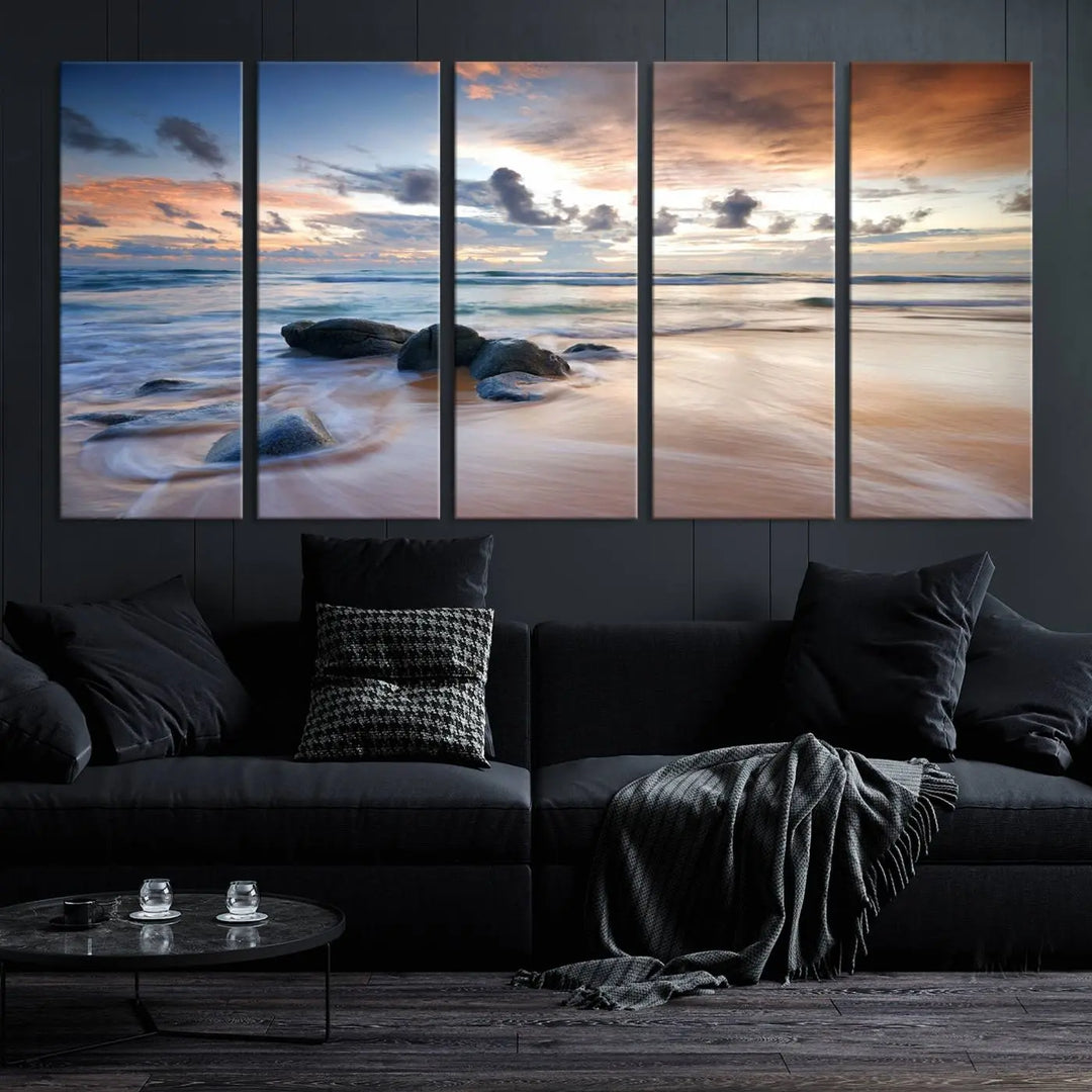 The "Serene Weather On The Beach Wall Art Canvas Print," featuring a tranquil beach scene with rocks and waves, is ready to hang and enjoy.