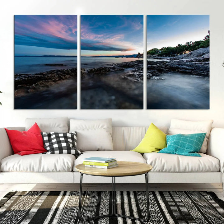 The Serenity Ocean Misty Wall Art Canvas Print is a triptych capturing a scenic ocean view at sunset, meticulously hand-assembled and printed on museum-quality canvases. Enjoy free shipping on every order!