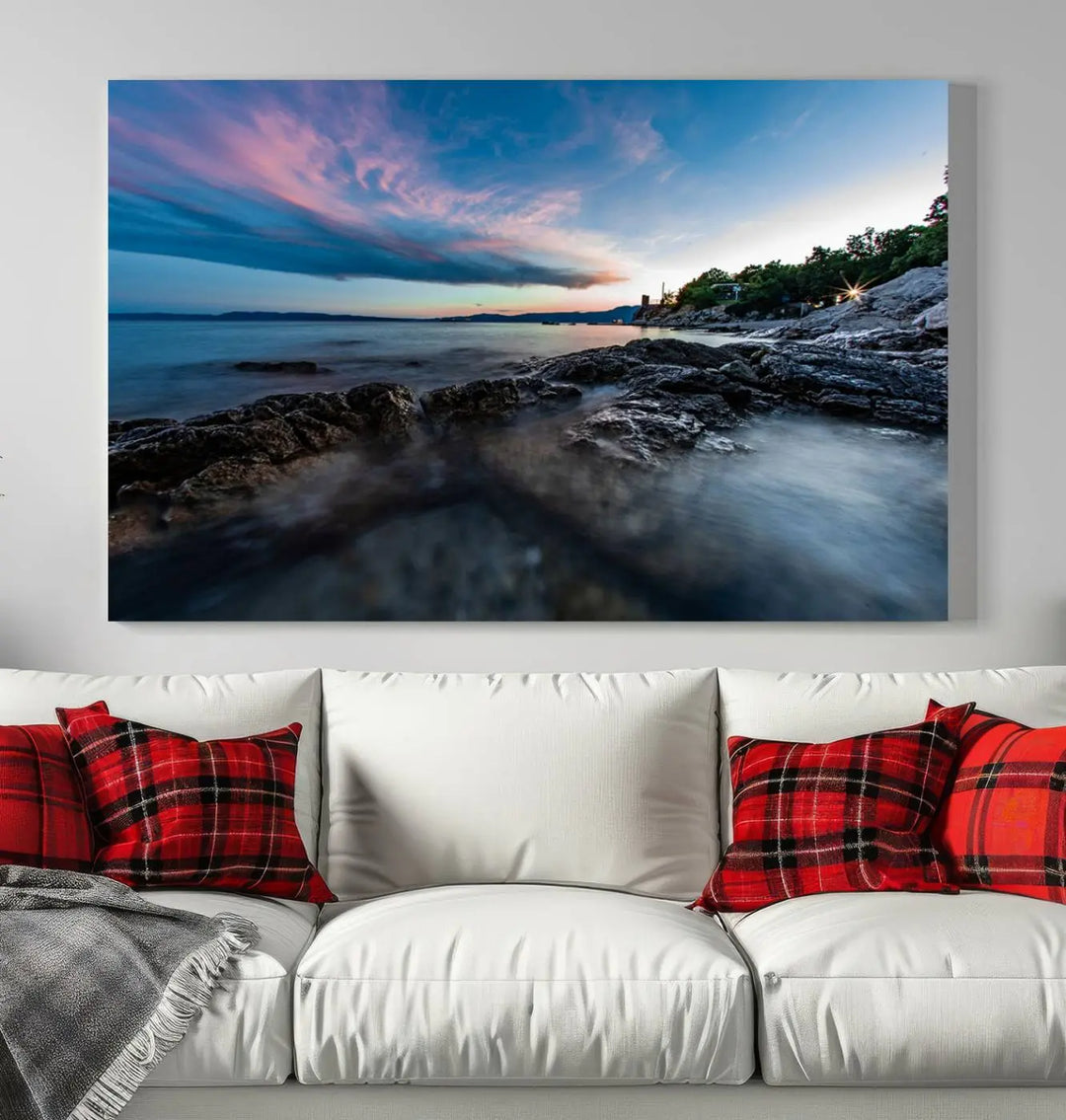 The Serenity Ocean Misty Wall Art Canvas Print is a triptych capturing a scenic ocean view at sunset, meticulously hand-assembled and printed on museum-quality canvases. Enjoy free shipping on every order!