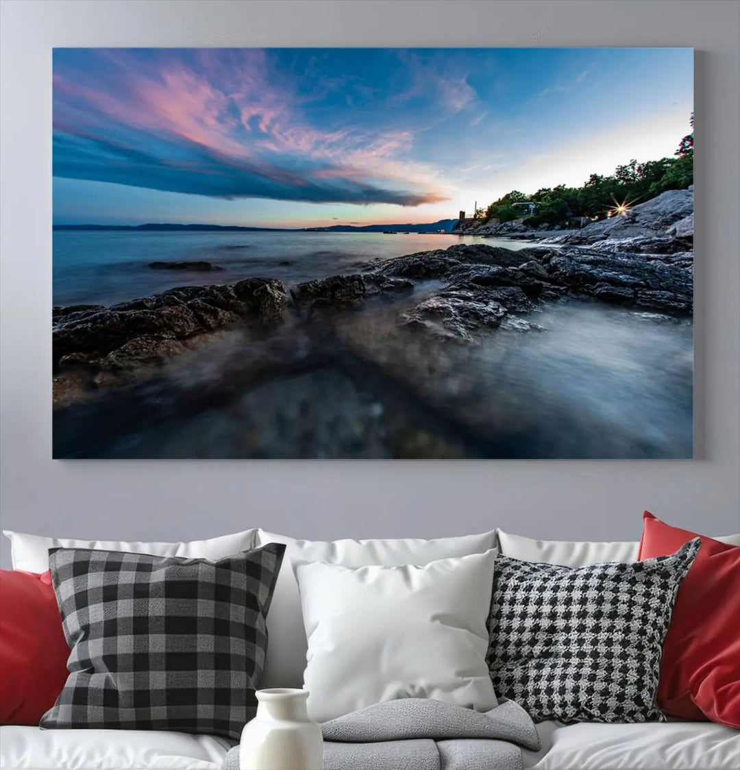 The Serenity Ocean Misty Wall Art Canvas Print is a triptych capturing a scenic ocean view at sunset, meticulously hand-assembled and printed on museum-quality canvases. Enjoy free shipping on every order!