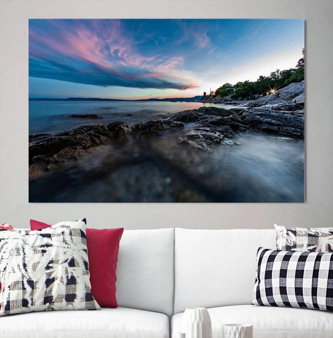 The Serenity Ocean Misty Wall Art Canvas Print is a triptych capturing a scenic ocean view at sunset, meticulously hand-assembled and printed on museum-quality canvases. Enjoy free shipping on every order!