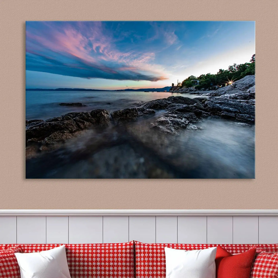 The Serenity Ocean Misty Wall Art Canvas Print is a triptych capturing a scenic ocean view at sunset, meticulously hand-assembled and printed on museum-quality canvases. Enjoy free shipping on every order!