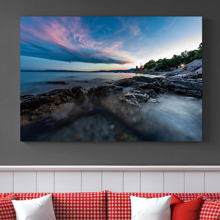 The Serenity Ocean Misty Wall Art Canvas Print is a triptych capturing a scenic ocean view at sunset, meticulously hand-assembled and printed on museum-quality canvases. Enjoy free shipping on every order!