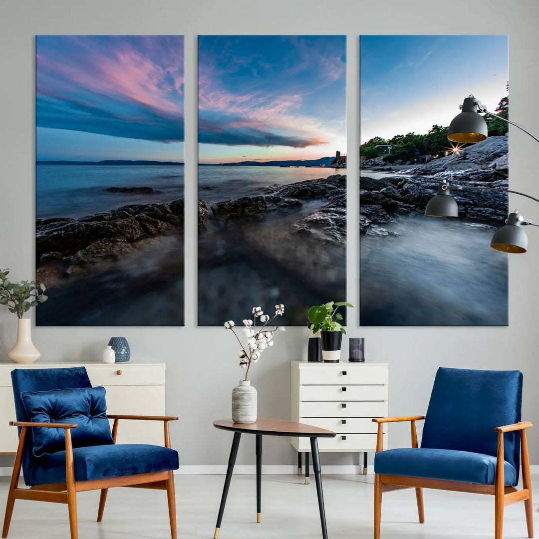 The Serenity Ocean Misty Wall Art Canvas Print is a triptych capturing a scenic ocean view at sunset, meticulously hand-assembled and printed on museum-quality canvases. Enjoy free shipping on every order!